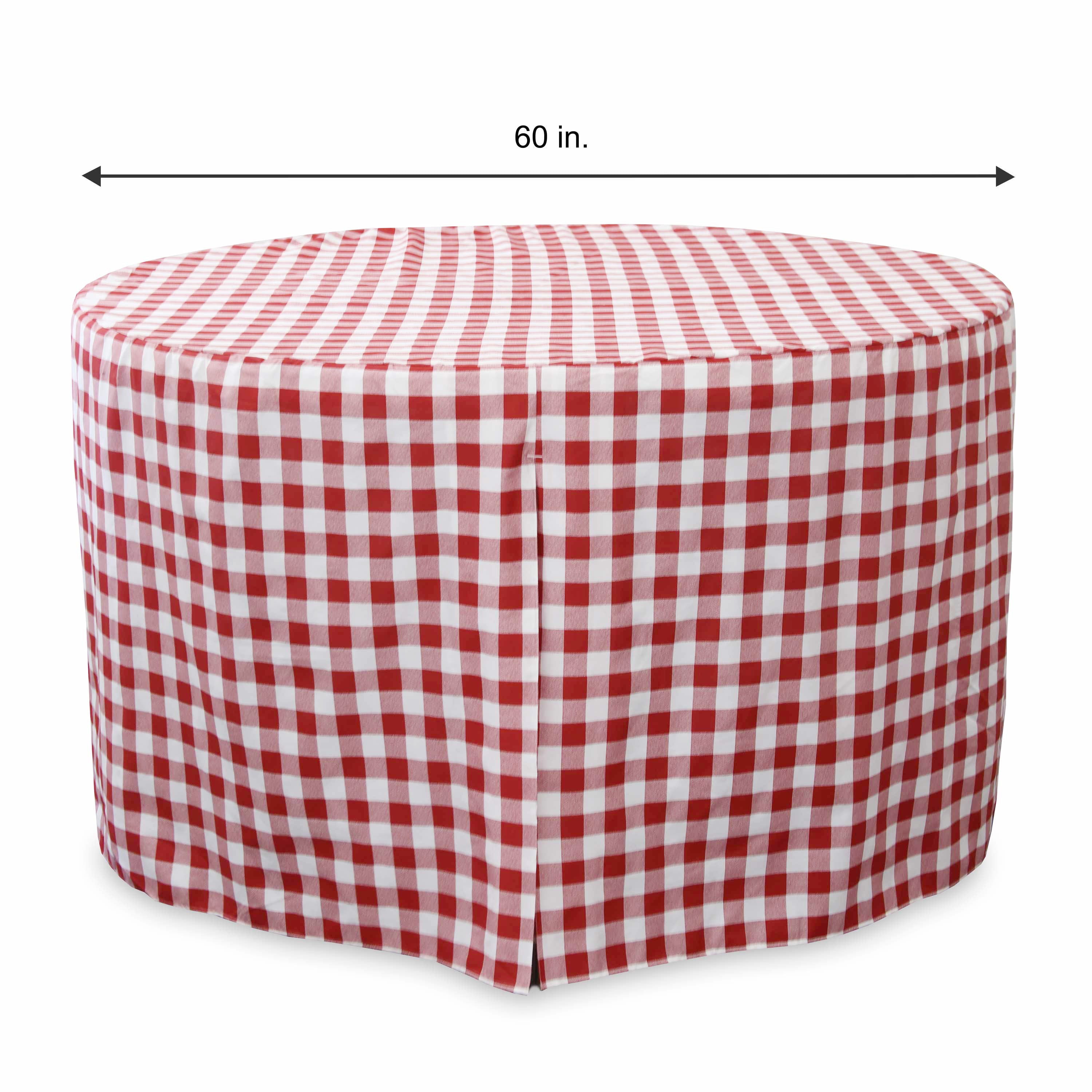 Round table cover with a red and white checkered pattern, measuring 60 inches in diameter.