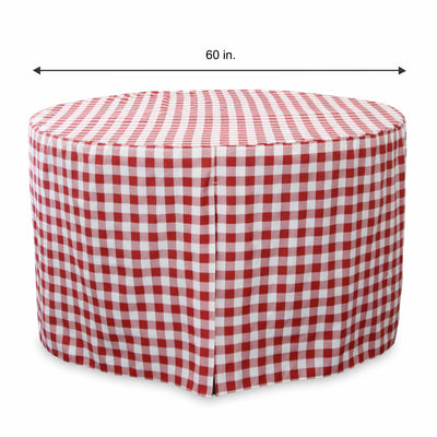 Round table cover with a red and white checkered pattern, measuring 60 inches in diameter.