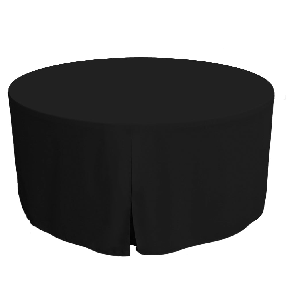 Round table cover in black, designed to fit a 60-inch diameter table with a draped edge.