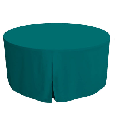 Round table cover in teal, designed for a 60-inch table, with a smooth, draped appearance.