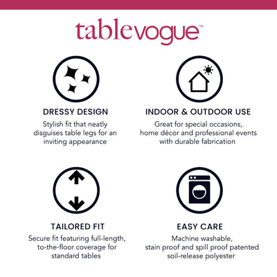 Four icons highlighting features of a table cover: dressy design, indoor/outdoor use, tailored fit, and easy care.