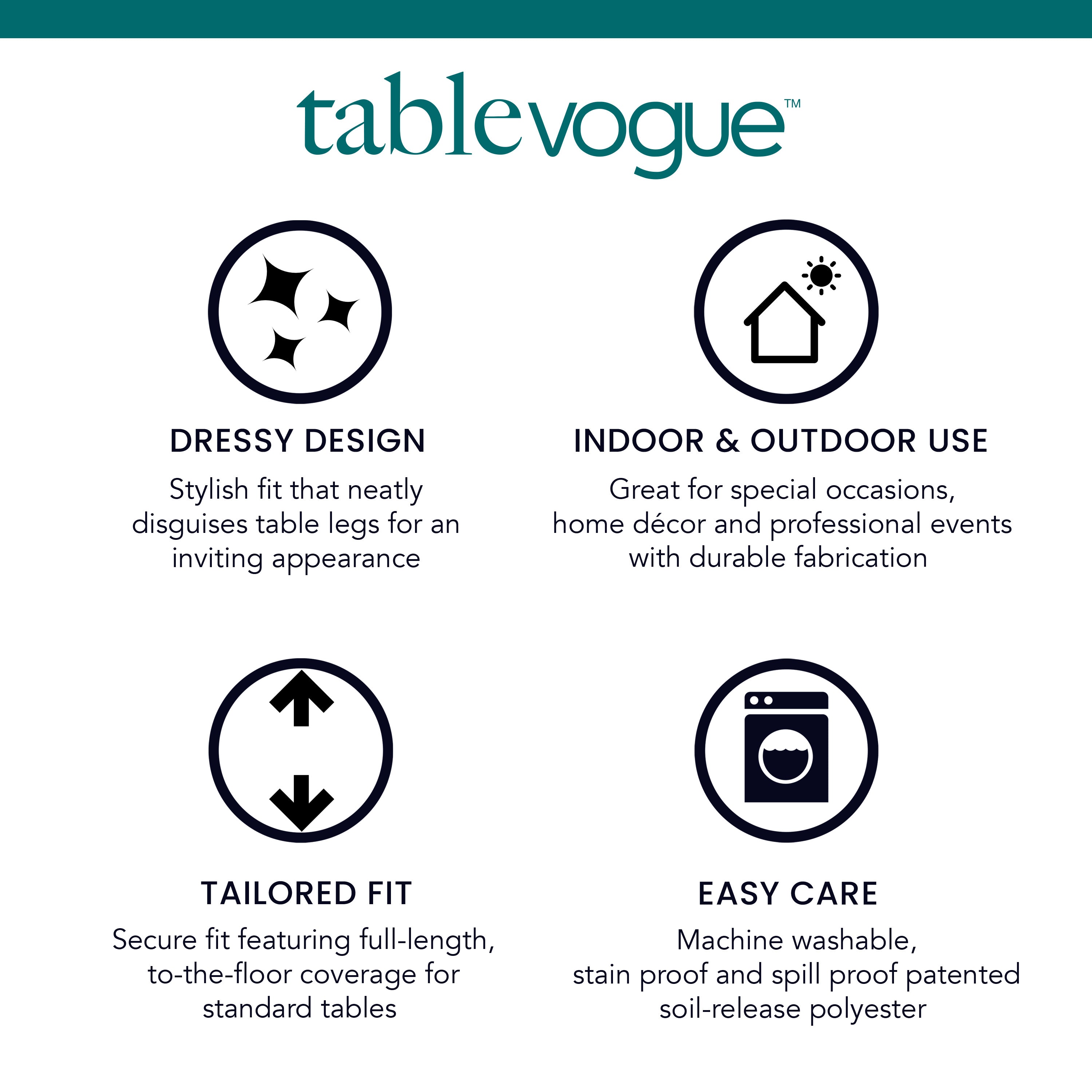 Round table cover with a tailored fit, suitable for indoor and outdoor use, and machine washable for easy care.