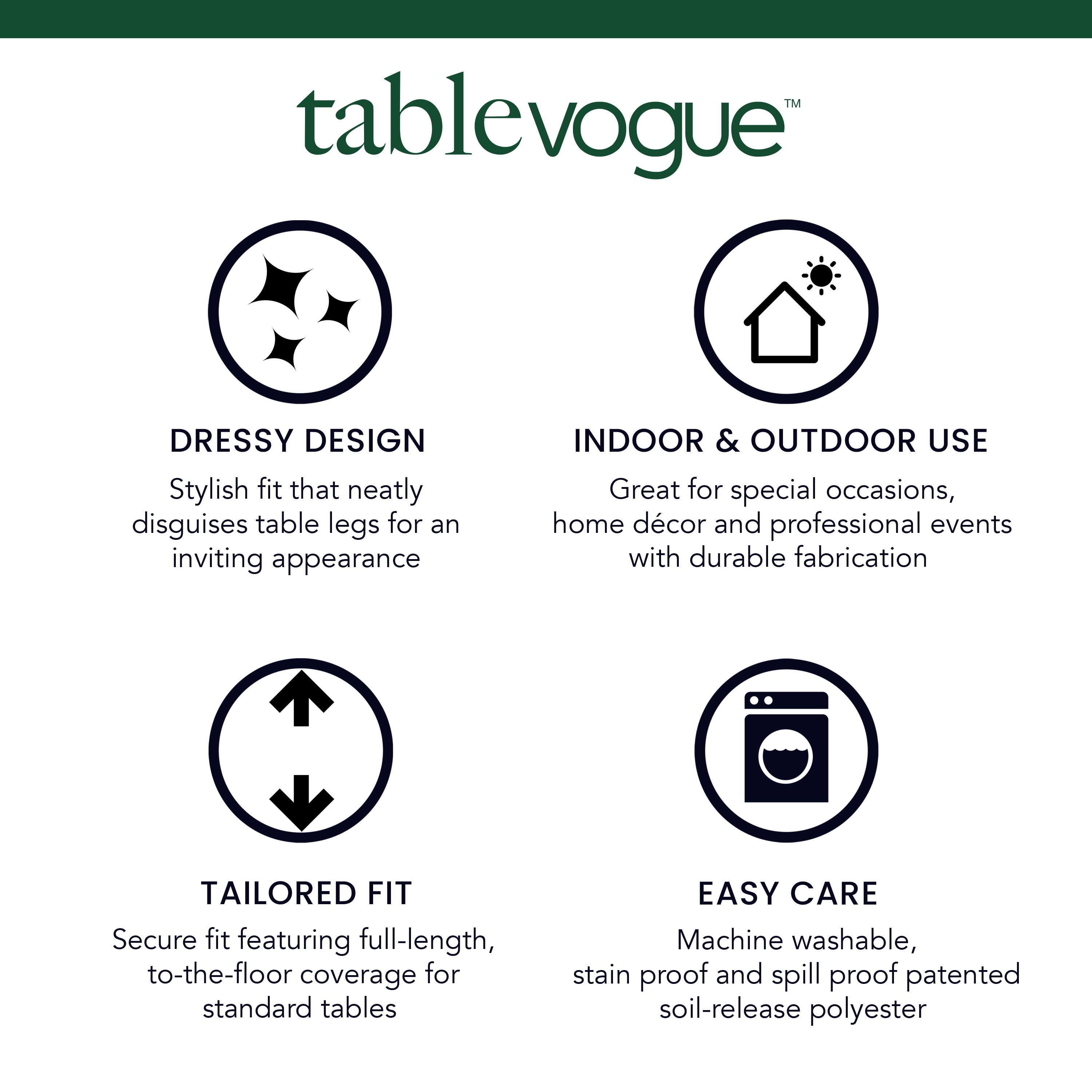 Round table cover with a tailored fit, suitable for indoor and outdoor use, made from stain and spill-proof polyester.