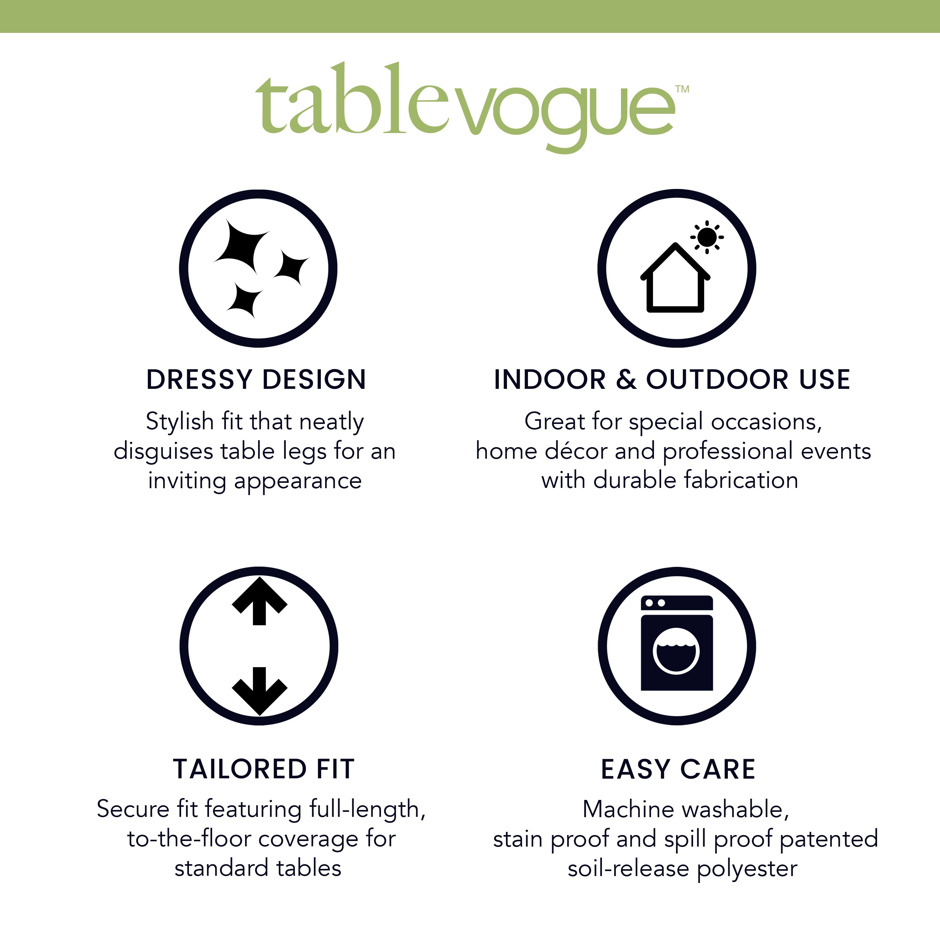 Four icons with text describing features of a round table cover, including design, use, fit, and care instructions.