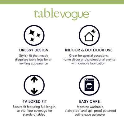 Four icons with text describing features of a round table cover, including design, use, fit, and care instructions.