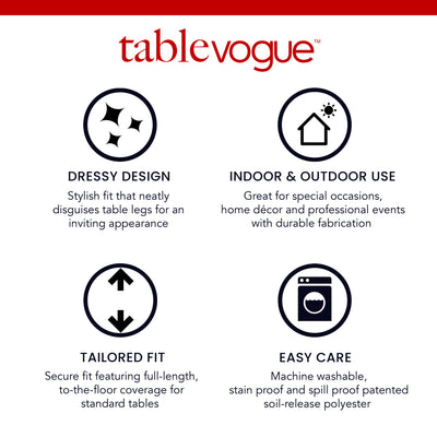 Four icons with text highlighting features: dressy design, indoor & outdoor use, tailored fit, and easy care.