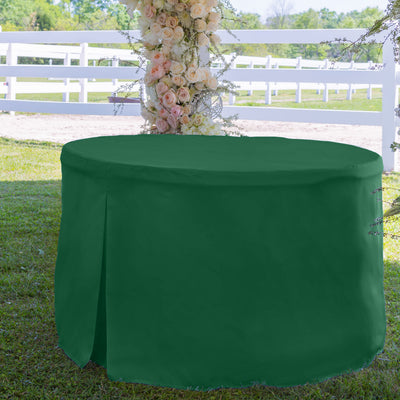 Round table cover in solid green, designed to fit a 60-inch table, with a smooth finish and draped edges.