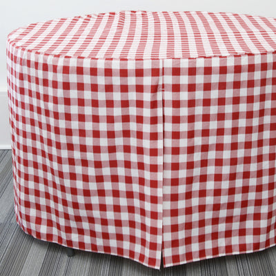 Round table cover with a red and white checkered pattern, draping over a 60-inch table.