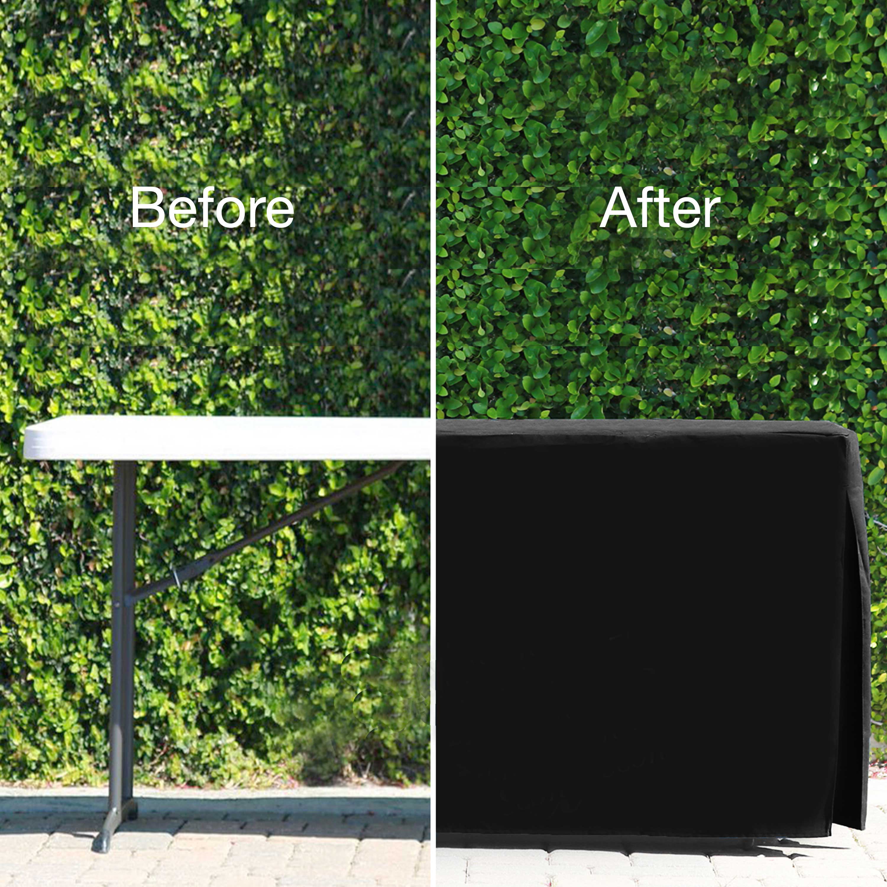 Before and after images showing a bare table on the left and a covered table with a black table cover on the right.