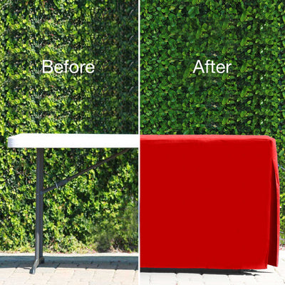 Side-by-side comparison of a bare table and the same table covered with a red table cover against a green backdrop.