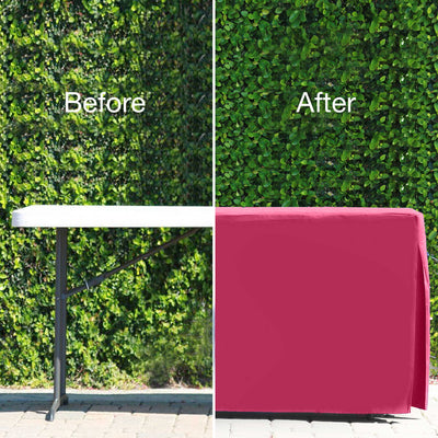 Side-by-side comparison of a bare table and the same table covered with a red table cover against a green backdrop.