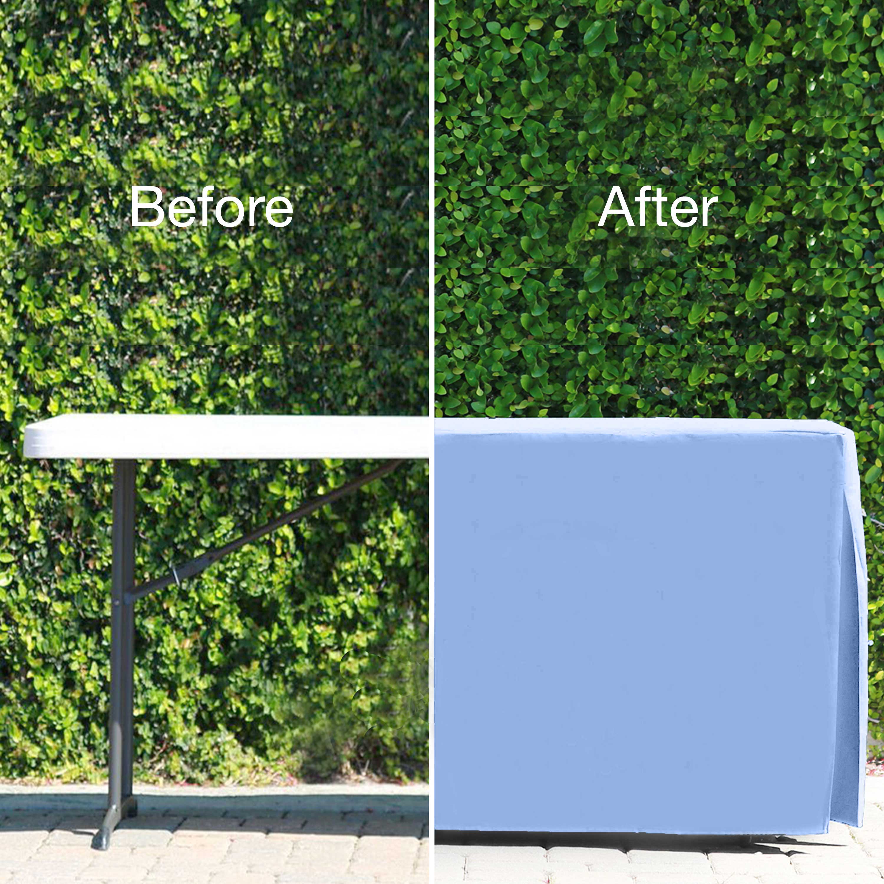 Side-by-side comparison of a bare table and the same table covered with a blue table cover against a green backdrop.