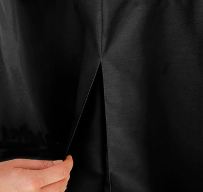 Close-up of a black table cover with a hand holding a pleat.