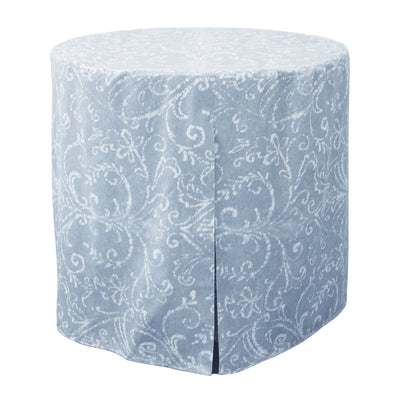 Round table cover in light blue with a floral pattern and a slit for easy placement.