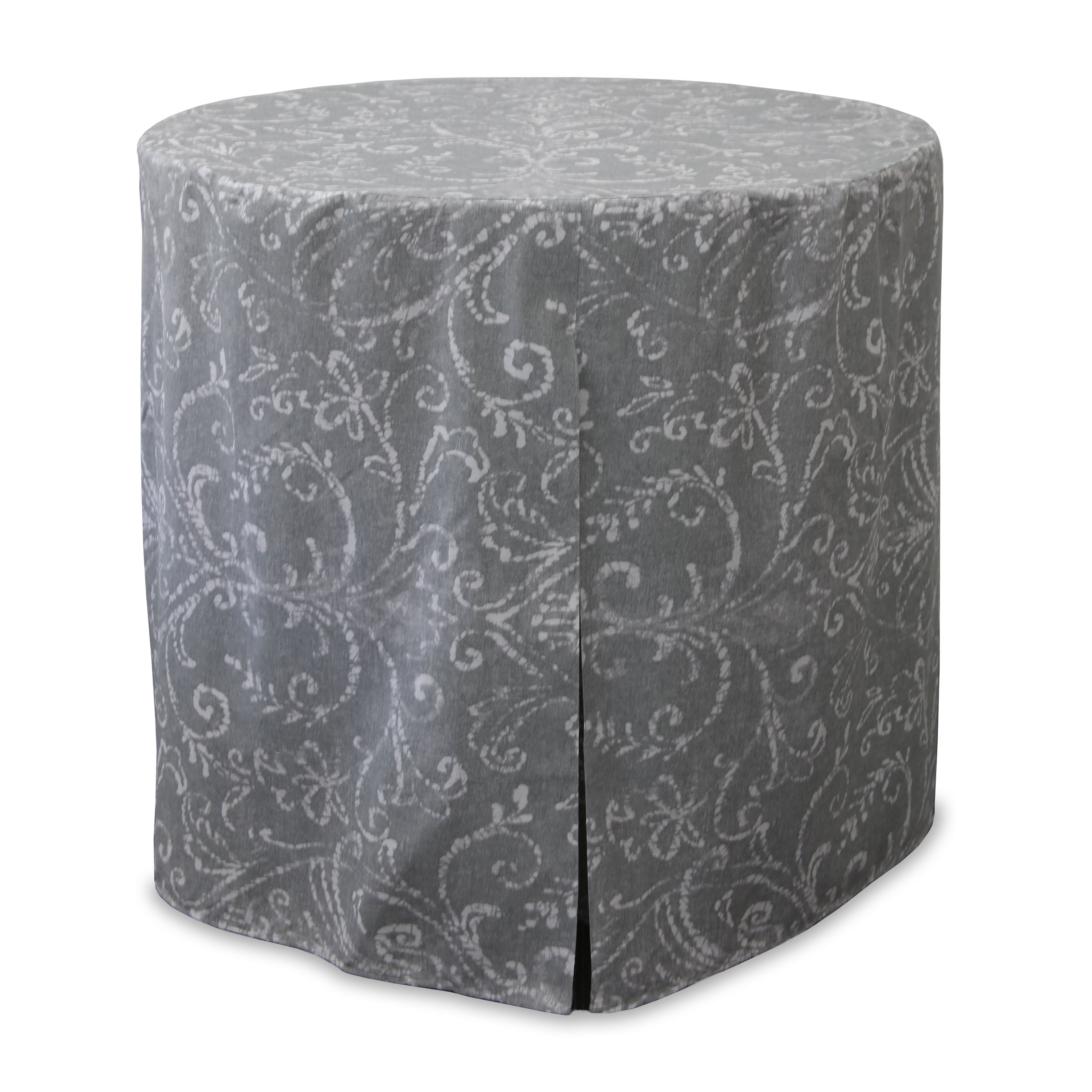 Round table cover with a gray patterned design, fitting a 30-inch table, featuring a straight edge and no visible fastenings.