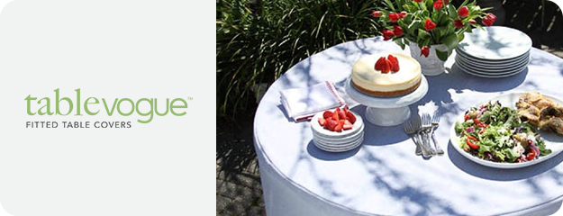 Table set with food and Tablevogue fitted table covers in outdoor setting