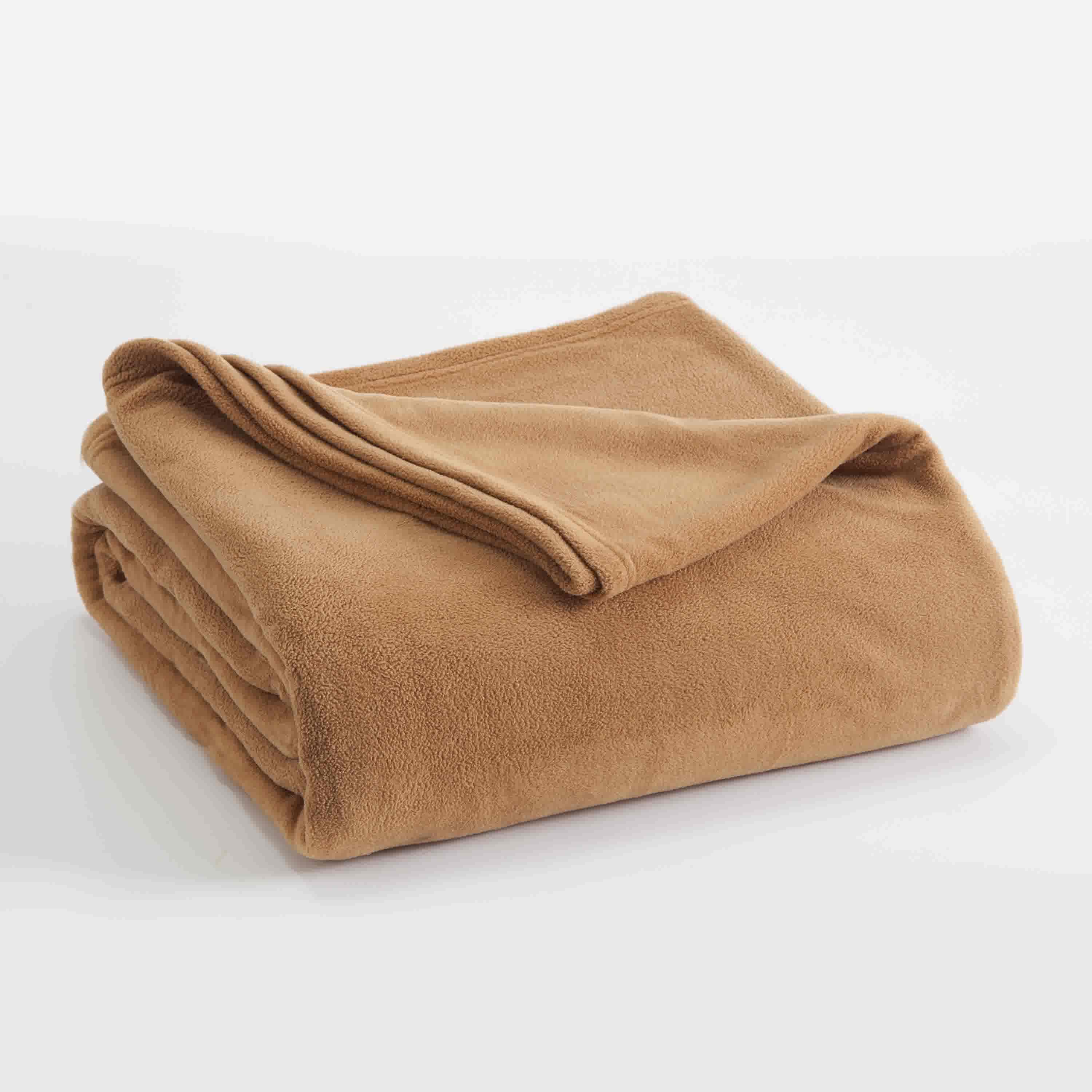 Folded micro fleece blanket in a warm tan color, featuring a soft texture and smooth edges.