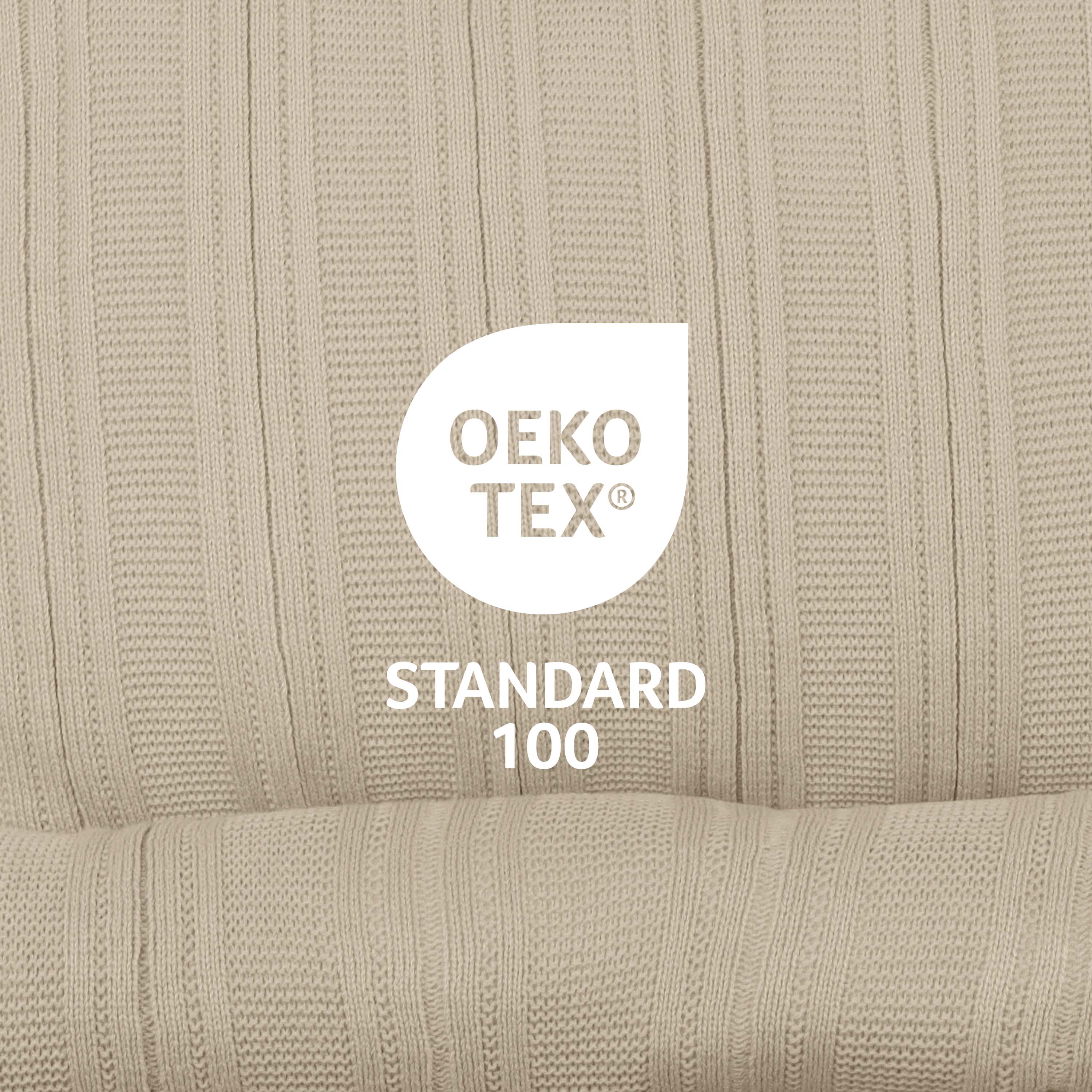 Beige textured fabric with Oeko-Tex Standard 100 certification logo.
