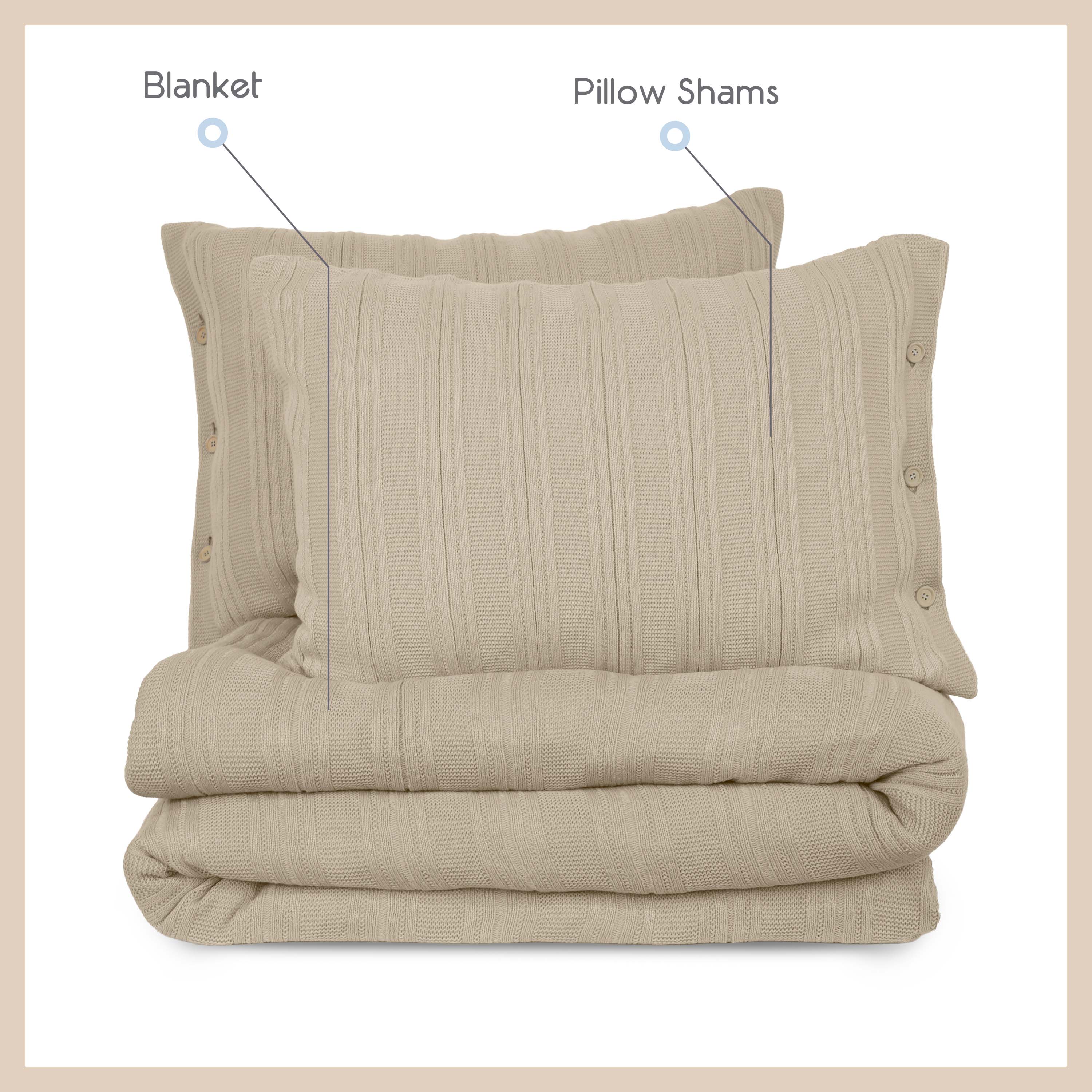Beige blanket set featuring a textured blanket and two matching pillow shams with button details.