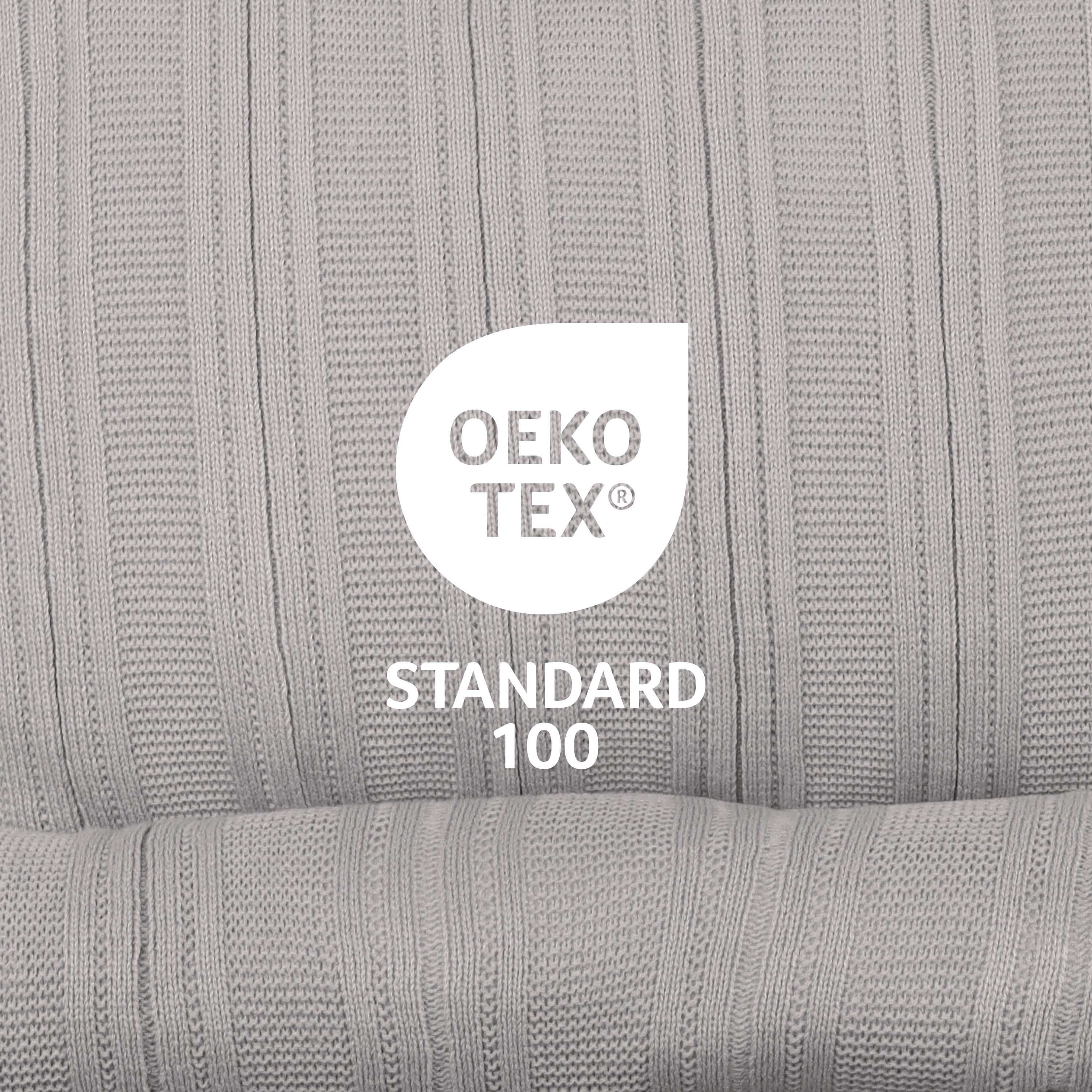Gray textured fabric with Oeko-Tex Standard 100 certification logo displayed prominently.