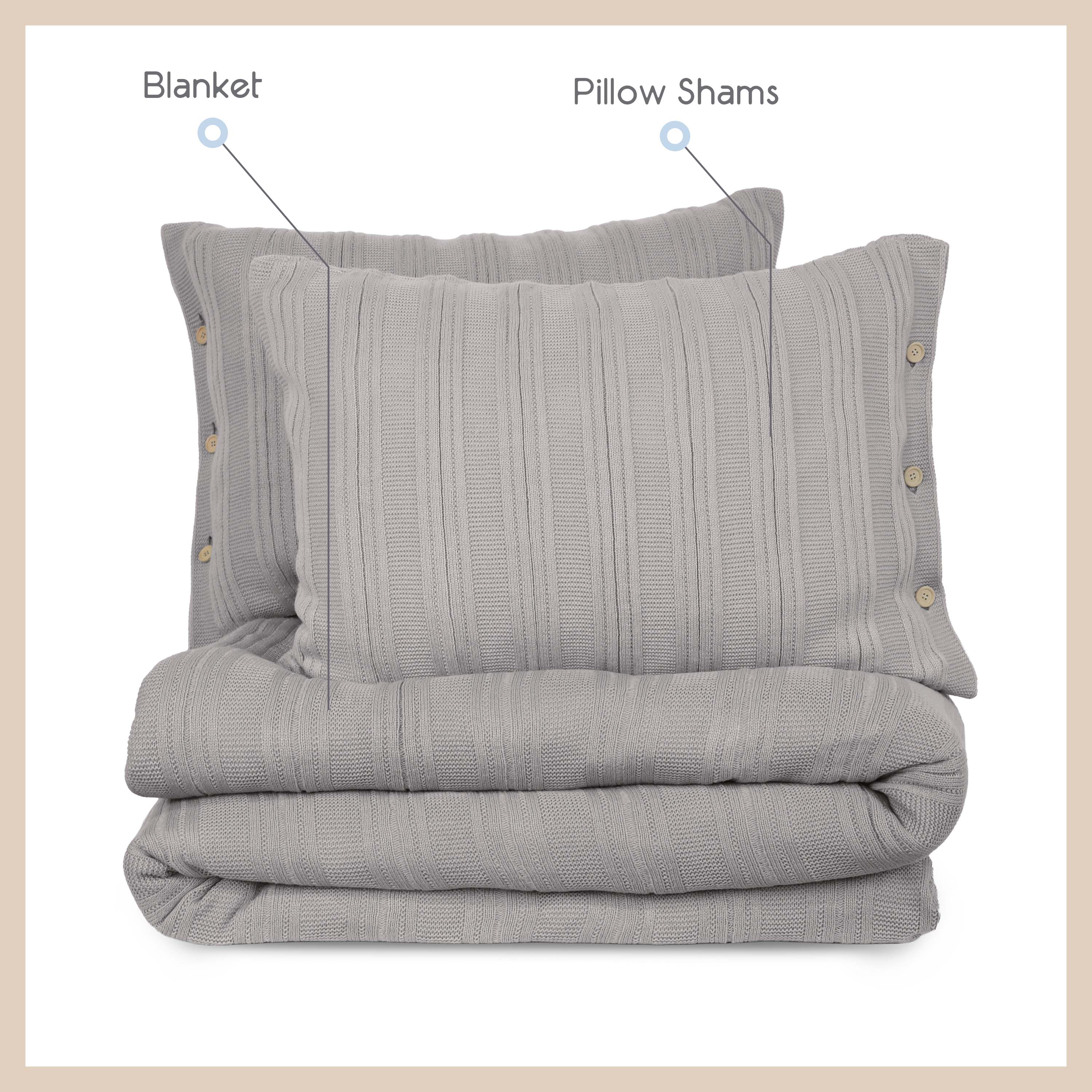 Gray blanket set featuring a textured blanket and two matching pillow shams with button details.