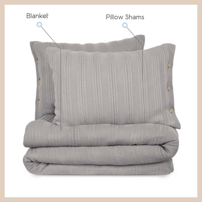 Gray blanket set featuring a textured blanket and two matching pillow shams with button details.
