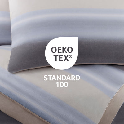Comforter set featuring blue and gray striped patterns with Oeko-Tex Standard 100 certification logo.