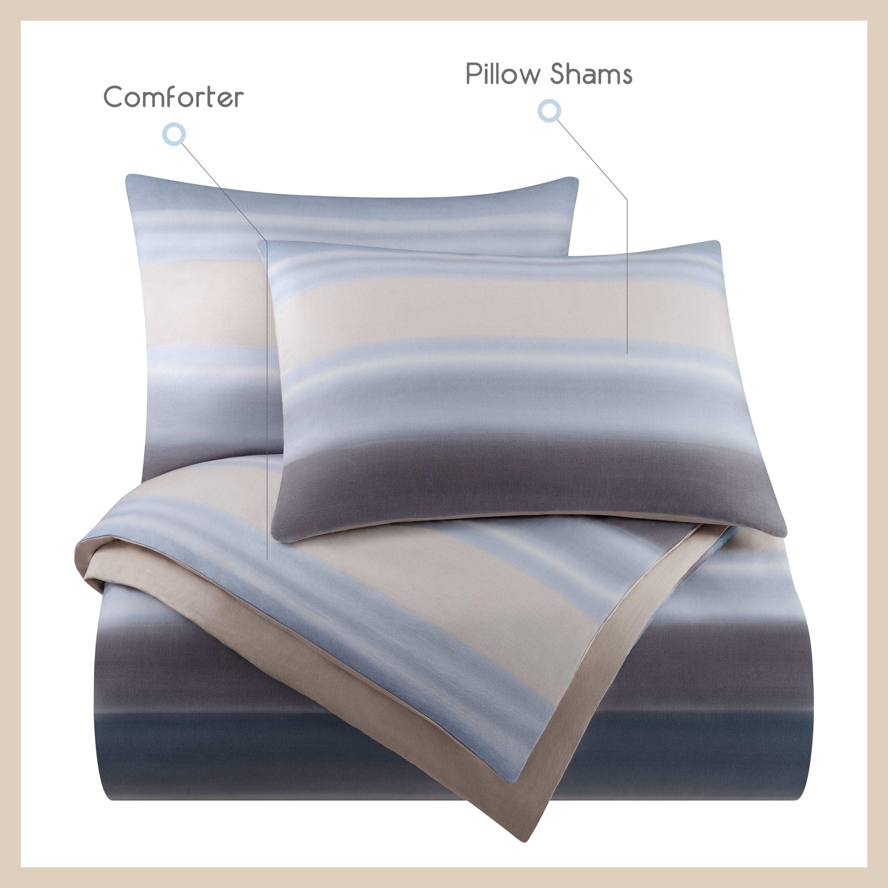 Comforter set featuring a gradient blue and beige design with matching pillow shams.