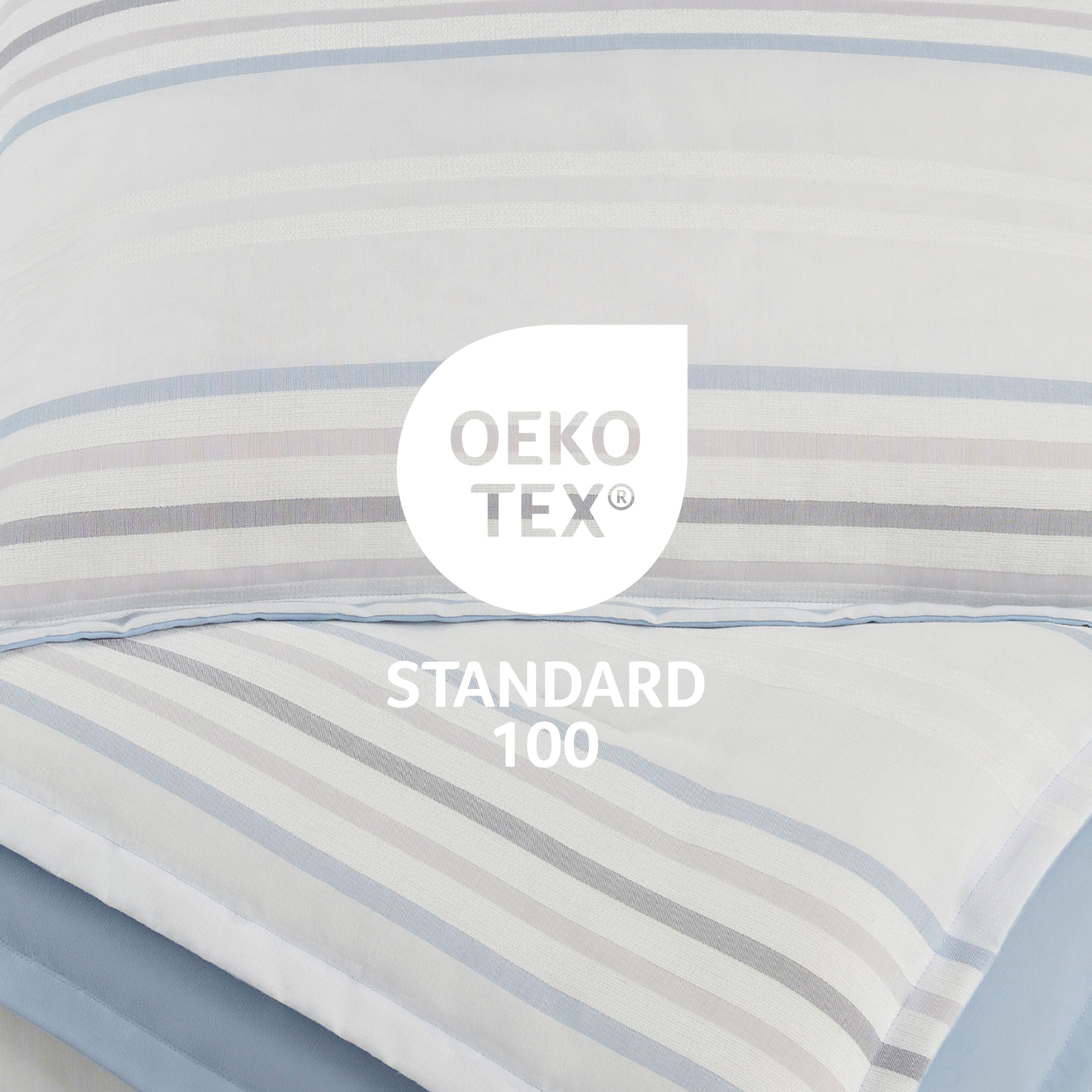 Comforter set featuring a striped pattern in blue and gray tones with an Oeko-Tex Standard 100 certification logo.