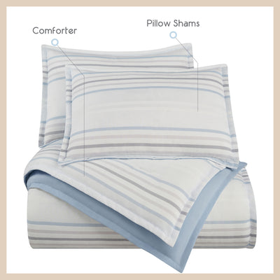 Comforter set featuring a striped comforter and two matching pillow shams in soft blue and neutral tones.