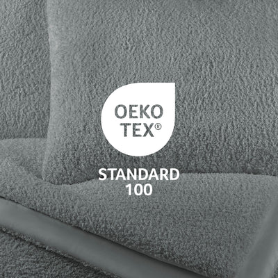 Gray textured fabric with an Oeko-Tex Standard 100 certification logo.