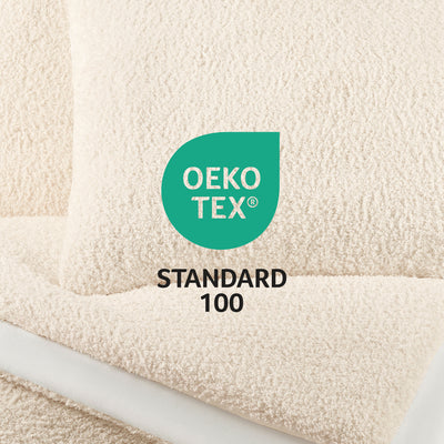 Cream-colored fabric with a textured surface, featuring an Oeko-Tex Standard 100 certification logo.