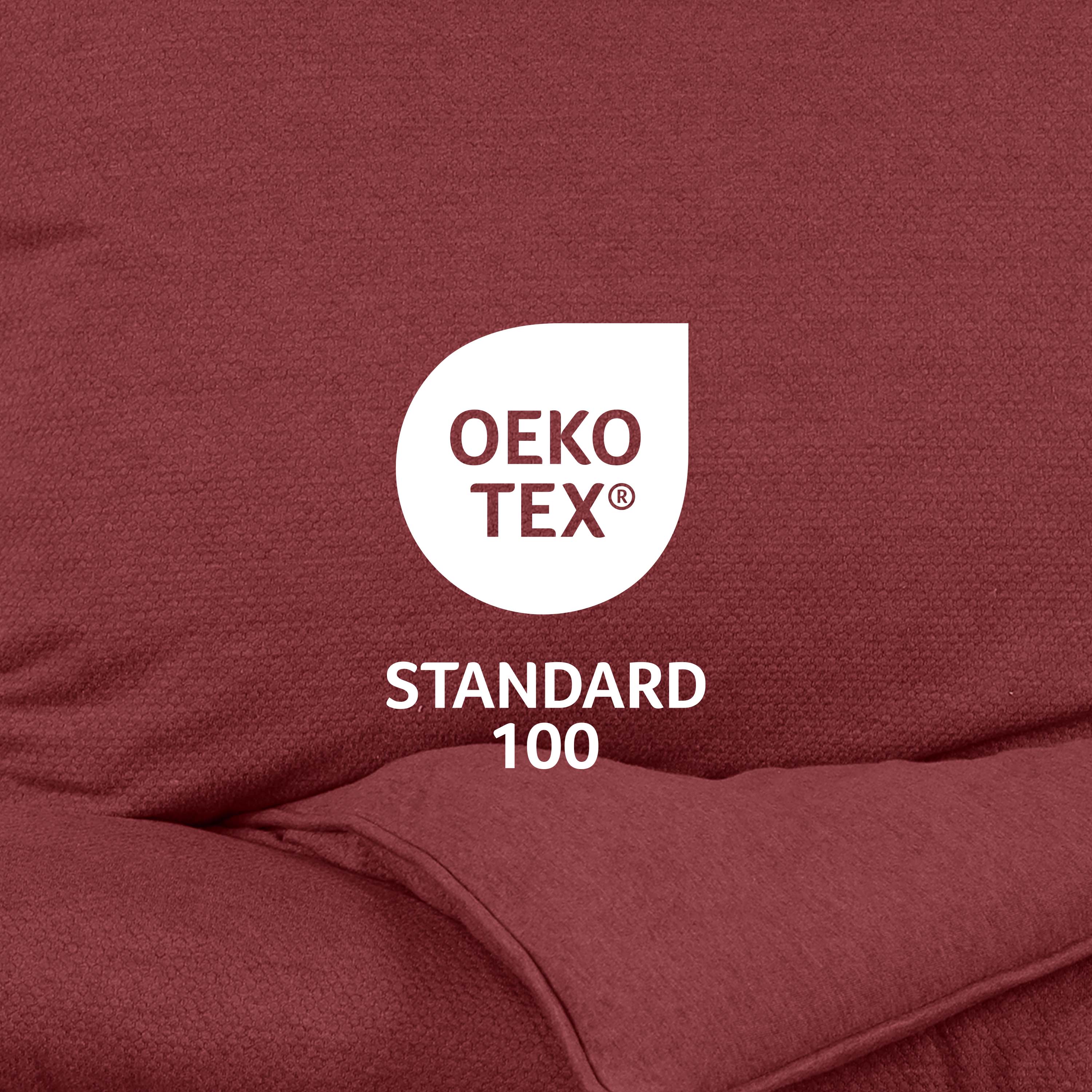 Burgundy fabric texture with Oeko-Tex Standard 100 certification logo displayed prominently.