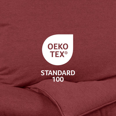 Burgundy fabric texture with Oeko-Tex Standard 100 certification logo displayed prominently.