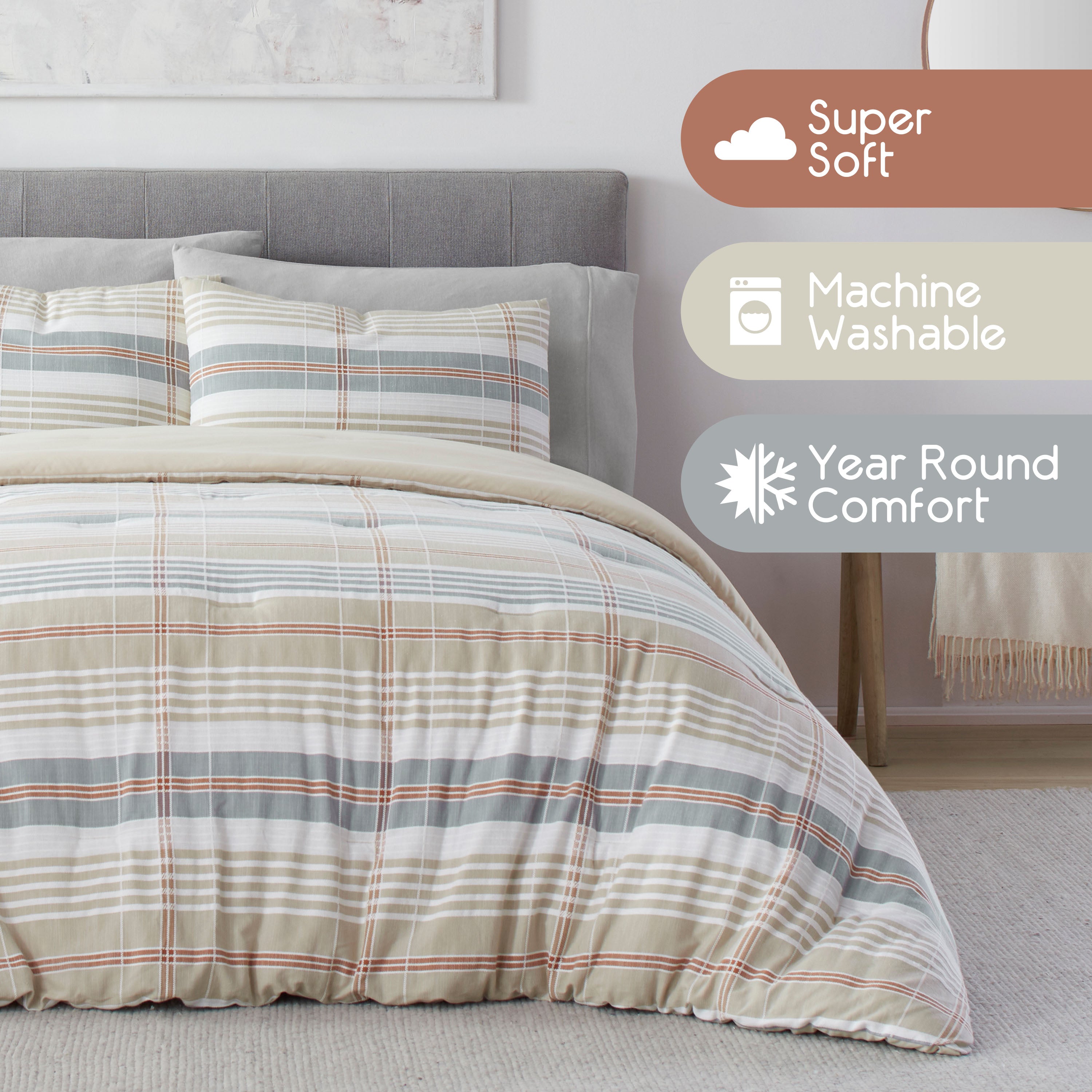 Taupe comforter set with a plaid design, featuring two matching pillows on a bed with a gray headboard.