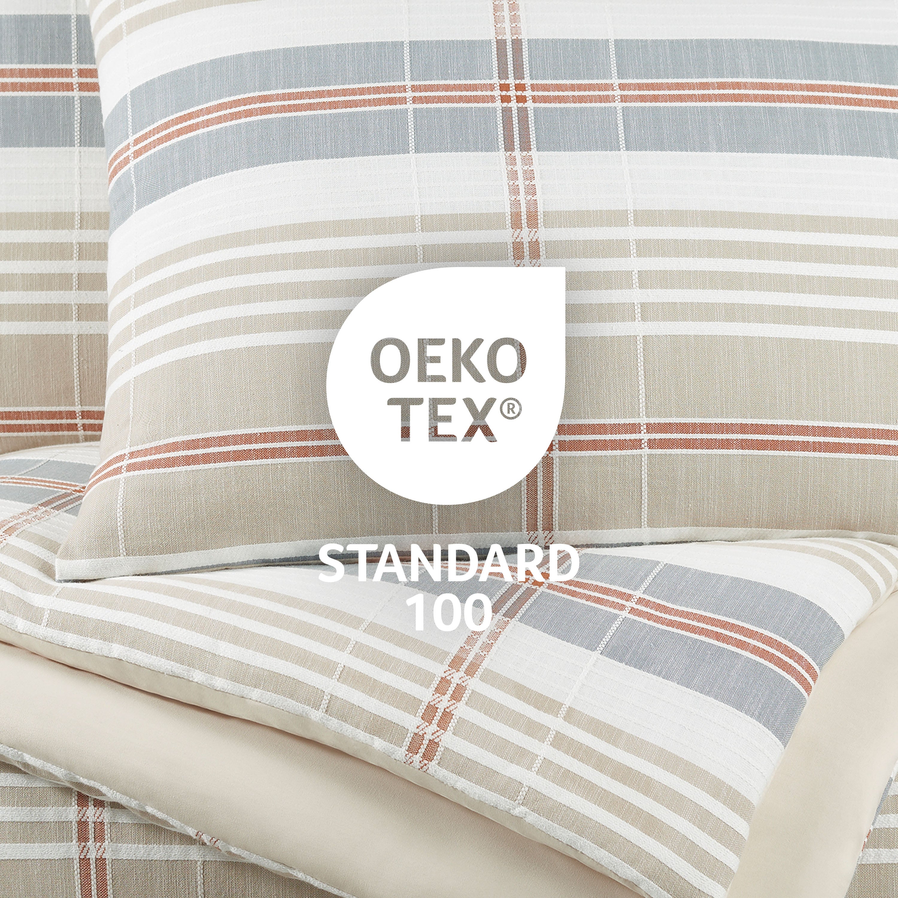 Comforter set featuring a taupe and plaid design with Oeko-Tex certification for safety and quality.