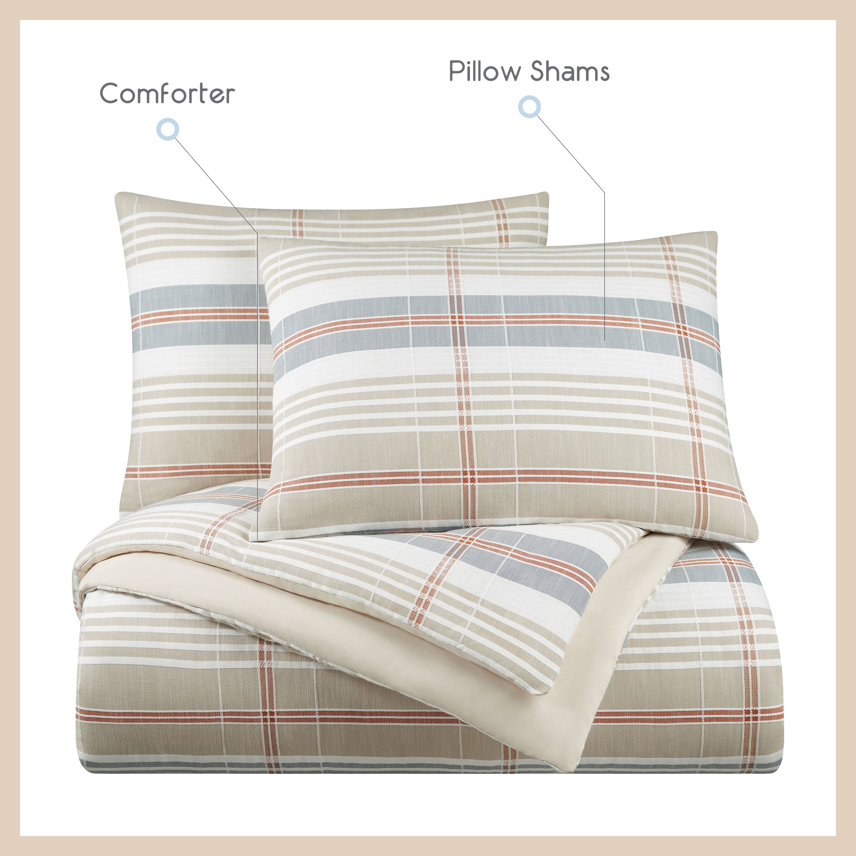 Comforter set featuring a taupe plaid design with two matching pillow shams.