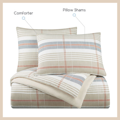 Comforter set featuring a taupe plaid design with two matching pillow shams.