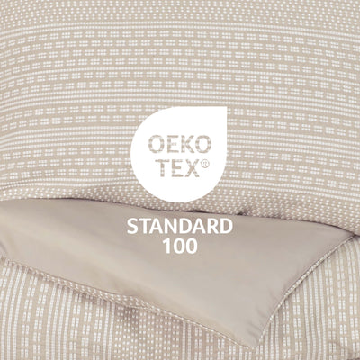 Comforter set featuring a patterned top layer in beige and a solid beige underside, with Oeko-Tex Standard 100 certification.