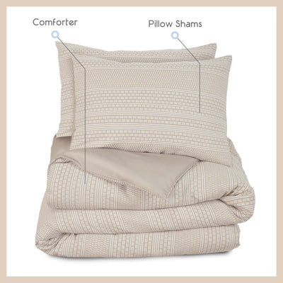 Comforter set featuring a patterned comforter and two matching pillow shams in neutral tones.