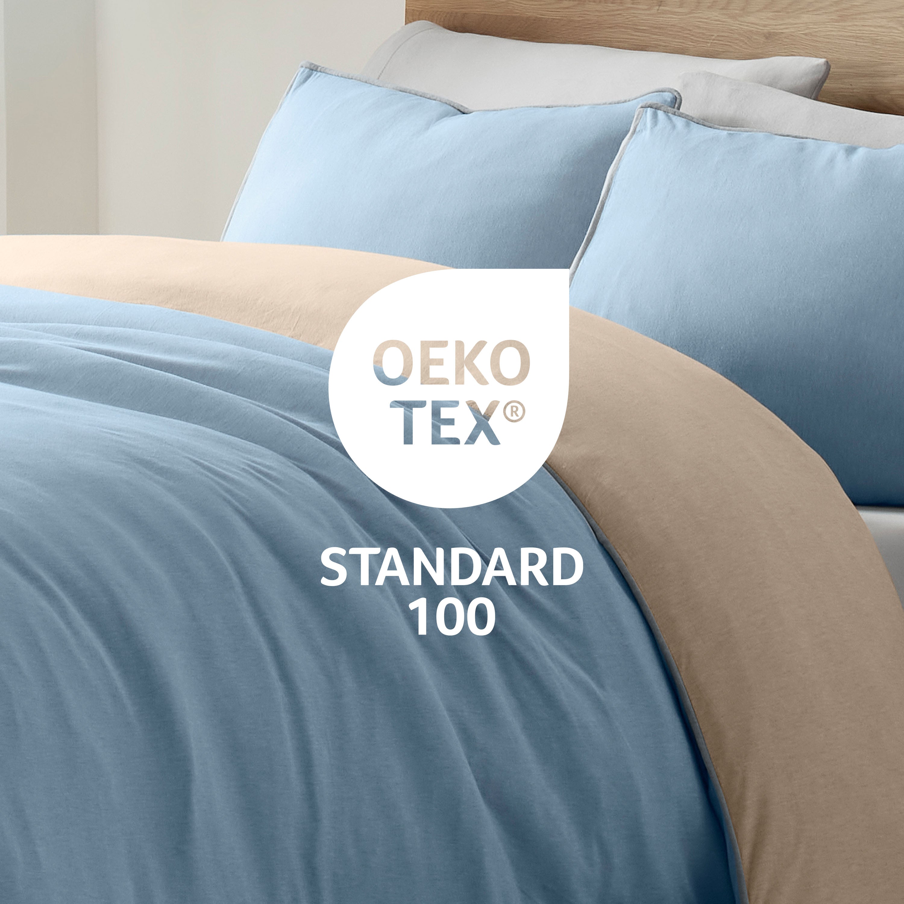 Comforter set featuring a blue and beige color scheme with Oeko-Tex Standard 100 certification.