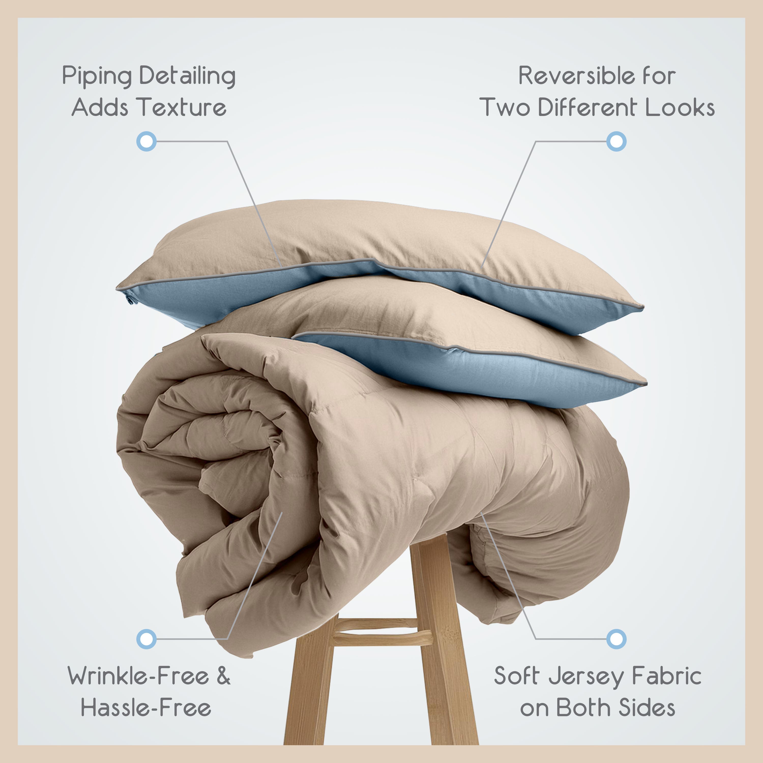 Reversible comforter set with beige and blue colors, featuring soft jersey fabric and piped detailing.
