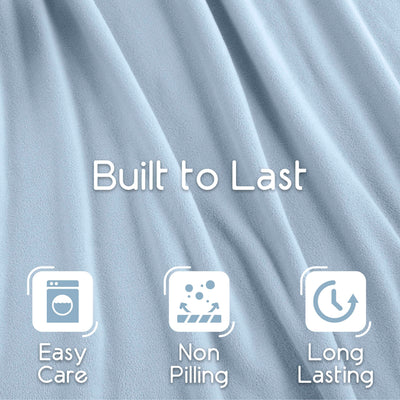 Light blue micro fleece blanket with text highlighting durability and care features.