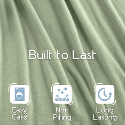 Light green micro fleece blanket with text highlighting durability and care features.