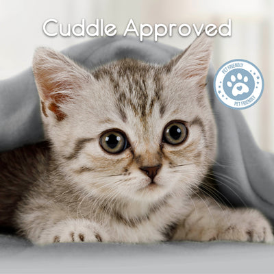 Gray microfleece blanket with a kitten peeking out from underneath.