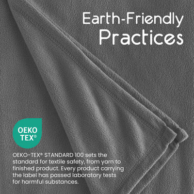 Gray micro fleece blanket with a soft texture and stitched edges, featuring Oeko-Tex certification label.