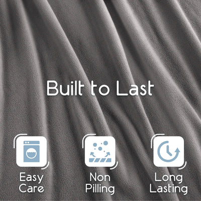 Gray micro fleece blanket with text highlighting durability and care features.