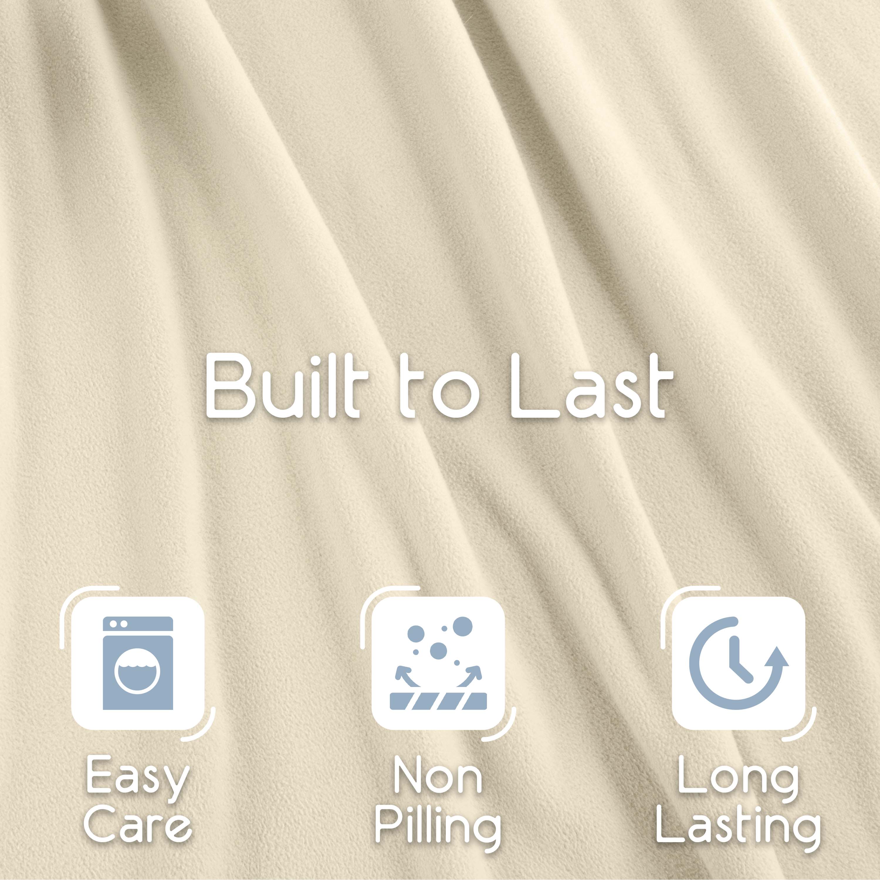 Light beige micro fleece blanket with a soft texture and care icons for easy maintenance and durability.