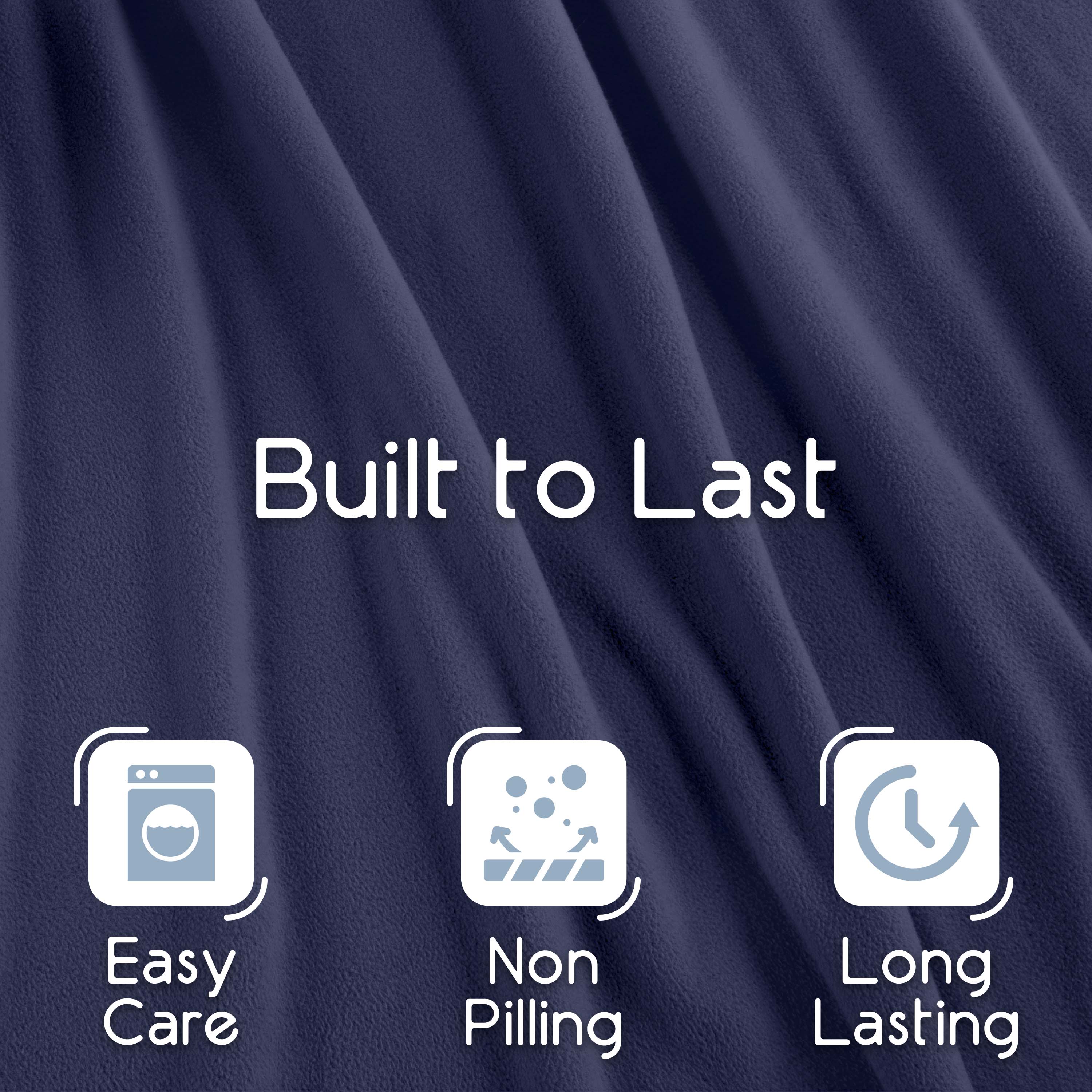 Navy micro fleece blanket with text highlighting durability, easy care, and non-pilling features.