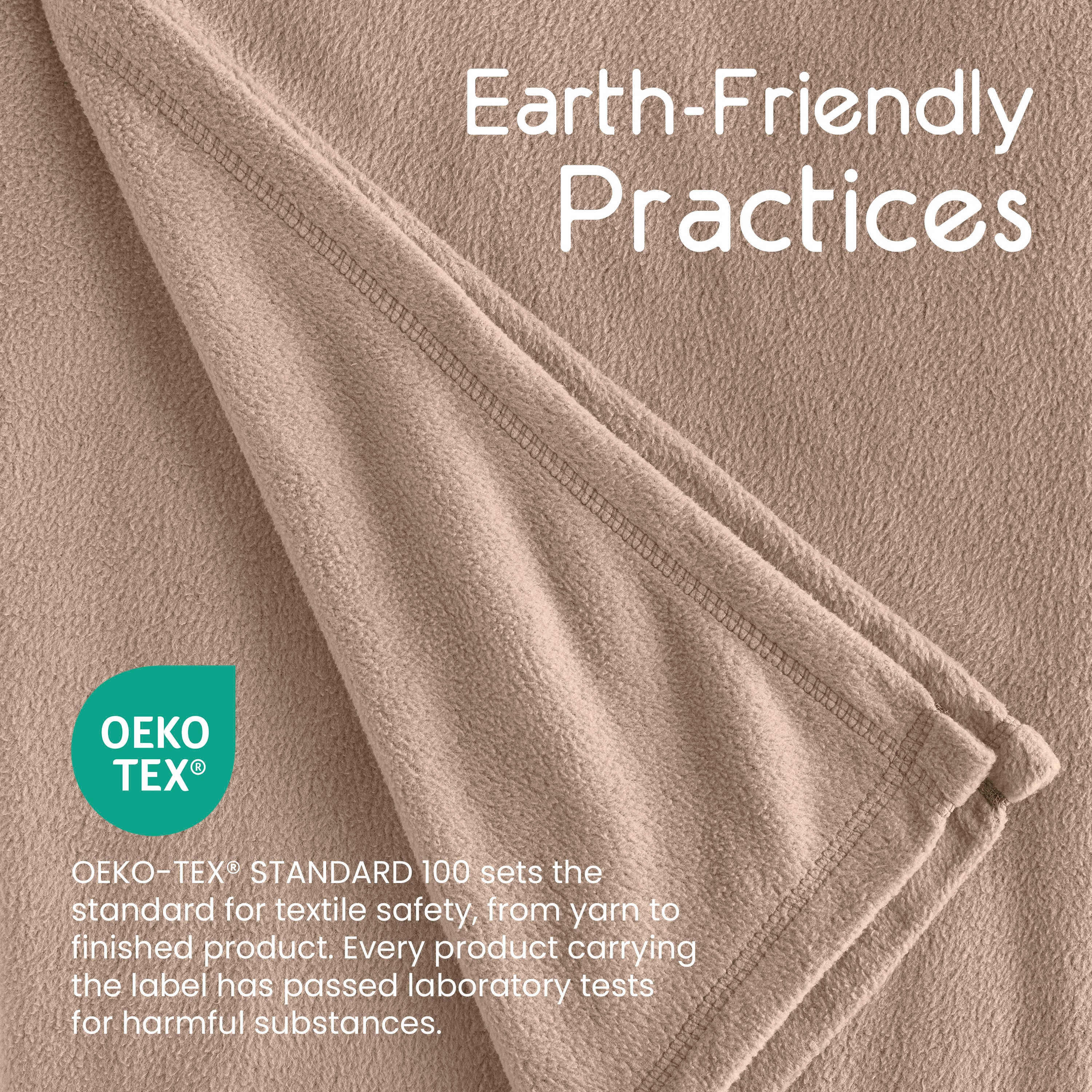 Light brown microfleece blanket with a folded edge and Oeko-Tex® certification label for textile safety.